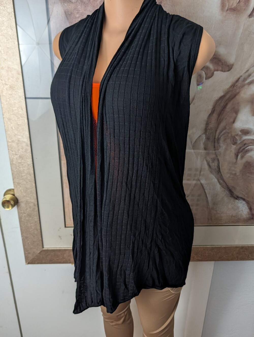 White House Black Market Black Sleeveless Ribbed Cardigan Vest Open Front Sz S